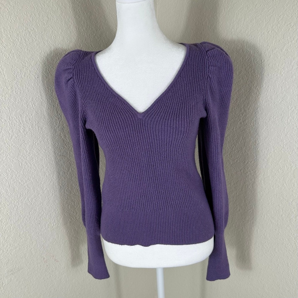 Express Ribbed Knit Sweater Women XS Purple Puff Sleeve V-Neck‎ Romantic